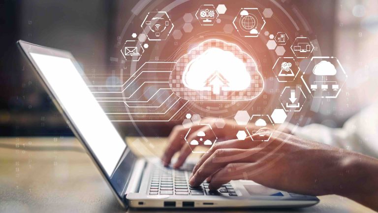 Cloud computing technology and online data storage for shrewd business network concept . Computer connects to internet server service for cloud data transfer